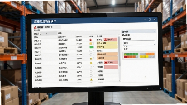 唐格拉进销存软件库存盘点界面,屏幕显示商品库存列表和盘点数量录入框,有预警颜色标识,背景为仓库货架,画面写实清晰