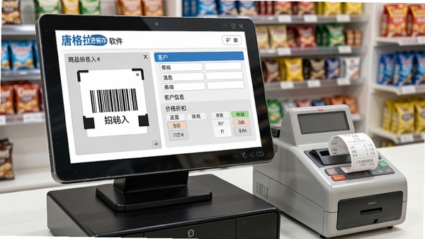 唐格拉进销存软件销售开单界面,屏幕显示商品扫码录入窗口、客户信息和价格折扣区域,收银小票打印机在旁边,背景为零售店铺收银台,画面明亮写实