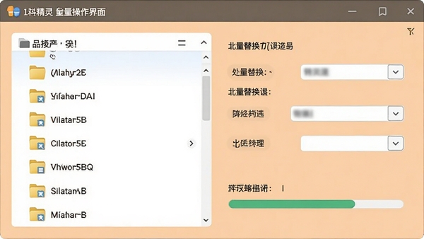 图标精灵批量操作界面,展示文件夹列表和批量替换设置,进度条显示处理状态,背景为浅橙色,界面清晰易懂