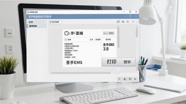 圣手EMS快递单包裹单打印软件主界面预览图,展示简洁的操作面板、快递面单预览区域以及明显的打印按钮,背景为整洁的办公桌面环境,整体风格明亮清晰。