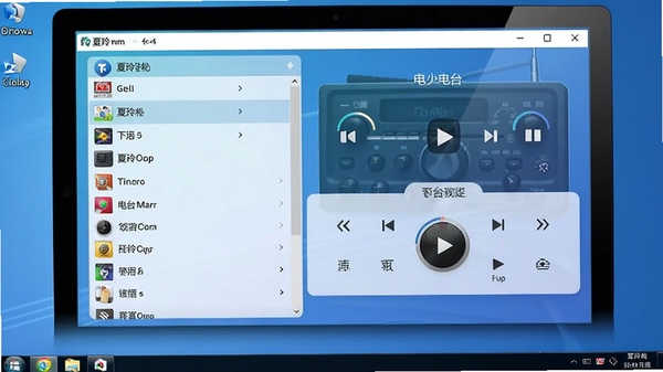 夏玲收音机主界面预览图,展示软件在电脑桌面运行的完整界面,左侧为电台列表,右侧为播放控制区域,背景为渐变蓝色调,画面清晰明亮