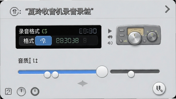 夏玲收音机录音设置界面,显示录音格式选择、音质调整选项,背景为浅灰色调,界面干净整洁,突出功能按钮