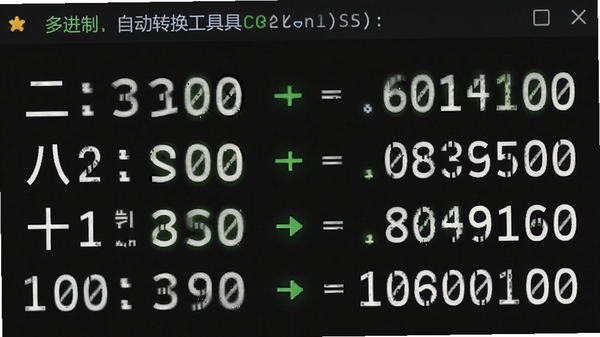 多进制自动转换工具展示二进制、八进制、十进制、十六进制四种进制数值同时显示的界面截图,数字字体为等宽字体,背景为深色代码风格,突出转换结果