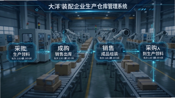 批次追溯流程图,从采购入库到生产领料、成品组装、销售出库的完整链路,每个节点显示批次号与操作时间,背景为工厂生产线,科技感线条连接各节点,包含大洋装配型企业生产仓库管理系统