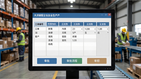 生产领料操作界面,显示工单编号、所需物料清单、应发数与实发数,底部为审批流程按钮,背景为仓库发料工作场景,风格写实,带有大洋装配型企业生产仓库管理系统界面元素