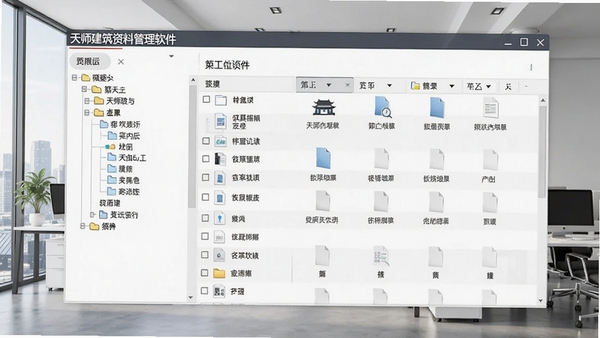 天师建筑资料管理软件主界面,展示左侧分类树与右侧文件列表,背景为现代化办公室,界面简洁清晰