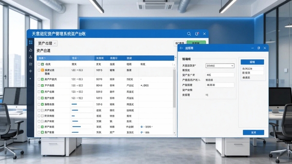 天意固定资产管理系统资产台账管理界面,展示资产卡片详情与编辑窗口,背景为现代办公室环境,色调以蓝白为主,画面专业清晰
