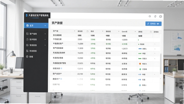 天意固定资产管理系统主界面预览图,展示左侧功能导航栏与右侧资产列表数据表格,背景为简洁的浅灰色办公场景,画面风格明亮清晰