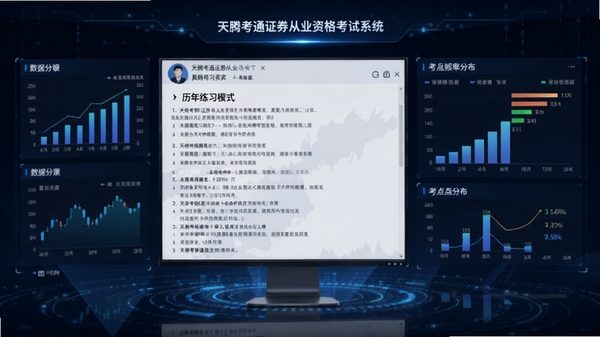 天腾考通证券从业资格考试系统真题练习模式,展示历年考试真题内容,背景有数据分析图表与考点频率分布图,风格专业且具有科技感