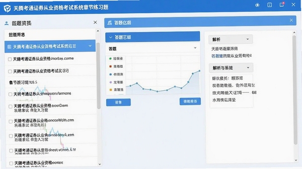 天腾考通证券从业资格考试系统章节练习题界面,左侧为题目列表,右侧显示答题卡与解析区域,色彩以蓝色和白色为主,界面简洁专业