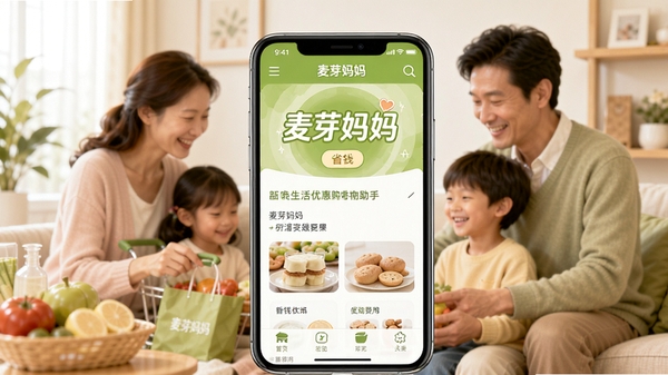 麦芽妈妈生活优惠购物助手主视觉,画面中央为手机屏幕展示麦芽妈妈APP界面,背景为温馨家庭购物场景,色彩明亮,风格清新,突出省钱与便利主题
