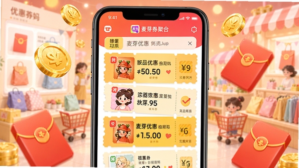 麦芽妈妈APP优惠券聚合页面,手机界面展示多张商品优惠券,周围有金币和红包元素,背景为电商购物场景,色彩鲜艳,突出海量优惠信息