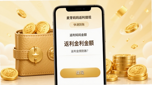 麦芽妈妈返利提现界面,手机屏幕显示返利金额和提现按钮,背景为钱包和金币装饰,色调金色与白色,体现高返利与快速到账