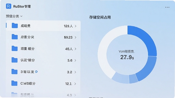 RuStor文件管理主界面预览图,展示文件分类列表与存储空间占用环形图,背景为浅色渐变,图标采用蓝白配色,整体风格简洁现代,突出文件管理核心功能,适配手机竖屏展示