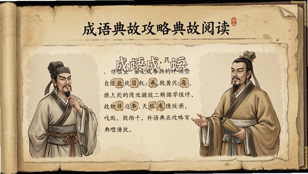 成语典故攻略典故阅读页面,显示一个成语的详细故事,配以古代人物插画,背景为泛黄古籍纸张质感,文字排版清晰,插画风格写实,整体色调温暖古旧。