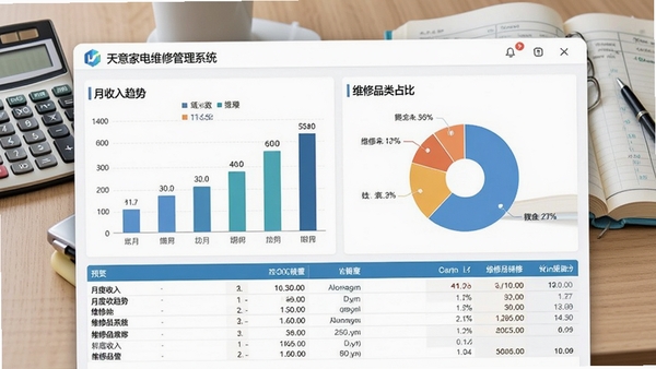 天意家电维修管理系统财务报表界面预览图,画面展示柱状图和饼状图,分别显示月度收入趋势和维修品类占比,界面配色清爽,数据表格清晰,背景为办公桌面计算器与账本