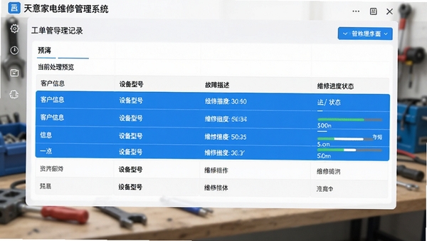 天意家电维修管理系统工单管理界面预览图,画面展示软件中一张工单的详细记录,包含客户信息、设备型号、故障描述和维修进度状态,界面采用表单布局,蓝色高亮显示当前处理步骤,背景为模糊的维修工作台场景