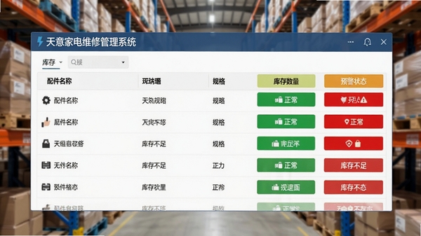天意家电维修管理系统配件库存管理界面预览图,画面为软件中的库存列表,展示配件名称、规格、库存数量和预警状态,绿色代表正常,红色代表库存不足,背景为仓储货架模糊效果