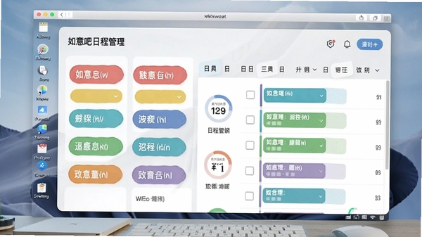 如意吧日程管理分类标签功能演示图,画面中显示彩色标签卡片与日程列表,背景为简洁的电脑桌面,突出色彩区分效果