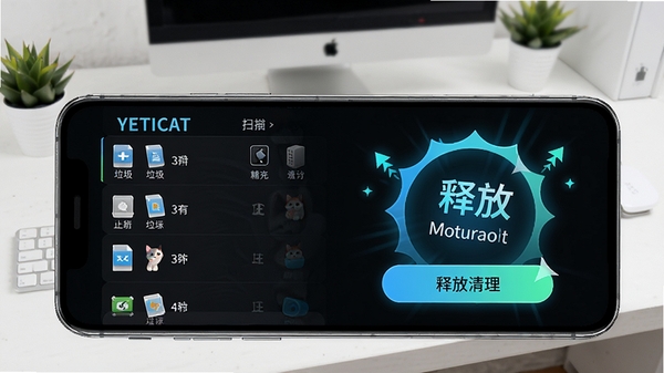 YETICAT一键智能清理功能演示,手机屏幕展示扫描出的垃圾文件列表,点击清理按钮后显示释放空间结果动画,背景为干净整洁的桌面环境,画面明亮,突出高效清理效果