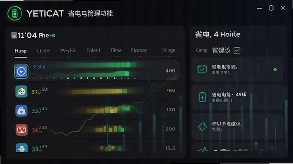 YETICAT省电管理功能界面,展示电量消耗排行图表,包含应用列表与省电建议,背景为深色省电模式主题,突出电池图标与数据可视化效果