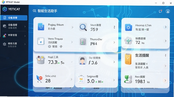 YETICAT软件主界面预览图,展示智能生活助手功能面板,包含设备清理、快捷工具、生活提醒等模块,背景采用渐变蓝色科技感风格,界面图标清晰,整体明亮简洁,适配Boogu模型生成