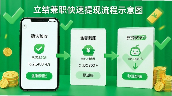 立结兼职快速提现流程示意图,画面展示手机屏幕上从任务完成到提现成功的步骤,包括确认验收、金额到账、提现操作,背景为绿色对勾和金币元素,风格简洁明快,突出“秒到账”的特点