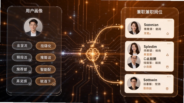 立结兼职智能匹配功能示意图,画面左侧是用户画像标签,右侧是对应的兼职岗位卡片,中间有连接线表示匹配,背景为科技感的光效,整体色调偏暖,突出推荐算法的精准性