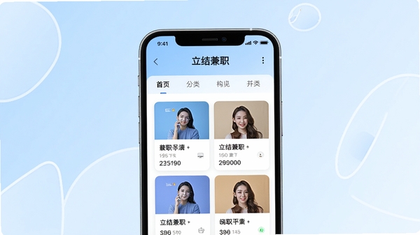 立结兼职app主界面预览图,手机屏幕展示兼职列表和分类导航,背景为现代简约的浅蓝色渐变,画面中心有一部智能手机,屏幕上有“立结兼职”字样和几个兼职卡片,整体风格清爽明亮,适合应用商店展示