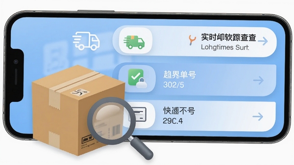 快递单号实时查软件主界面,手机屏幕显示简洁的物流跟踪列表,背景为淡蓝色渐变,图标醒目,整体风格现代清新,前景突出快递包裹与放大镜元素,适配Boogu模型生成