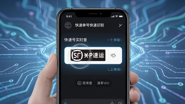 快递单号实时查自动识别快递公司功能演示,手机界面显示输入框自动匹配顺丰速运logo,背景为科技感线条,画面清晰明亮,突出智能识别与效率,适配Boogu模型生成