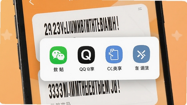 快递单号实时查分享物流信息界面,手机屏幕弹出分享选项列表,包含微信、QQ、复制链接等图标,背景为温馨的橙色调,突出社交分享场景,适配Boogu模型生成