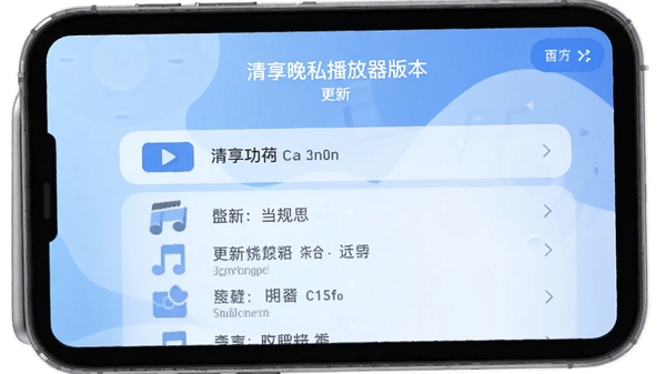 清享晚私播放器版本更新界面,展示新功能列表,背景为柔和的渐变蓝色,图标风格扁平化,文字清晰易读,强调更新内容