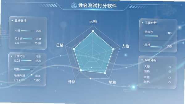 姓名测试打分软件的三才五格分析界面,画面中央显示一个五边形雷达图,标注着天格、人格、地格、外格、总格的得分,背景为淡雅的蓝色渐变,数据面板采用玻璃拟态风格,整体科技感与传统文化元素结合