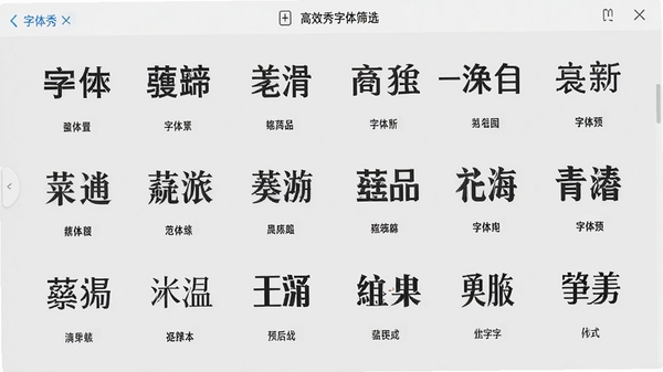字体秀字体预览界面,显示多款中文字体对比效果,每款字体下方标注名称,背景为纯色浅灰,整体布局整齐清晰,体现字体秀高效的字体筛选功能