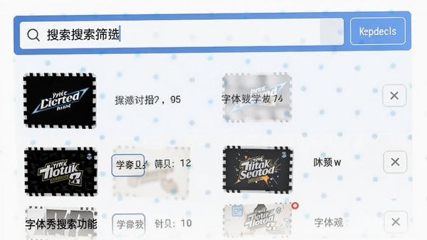 字体秀搜索筛选功能截图,搜索框输入关键词,下方显示筛选结果列表,界面简洁,突出字体秀高效检索能力