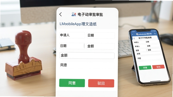 չʾLMobileApp������ֽ���������ͼ����ͼƬ������������һ�ŵ����������������������ˡ����ڡ������ֶΣ��·��С�ͬ�⡱�͡����ء�������ɫ���ɫ��ť������Ϊ�黯�İ칫���棬�Ա߷���һöӡ�º�һ���ֻ����ֻ���Ļ���������������Ӧ����������������ǿ���ƶ��칫�ı���ԡ�