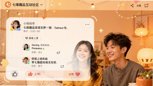 七缘趣品互动社区界面截图风格图片,展示用户评论与点赞功能,画面以暖色调为主,体现活跃的社交氛围。