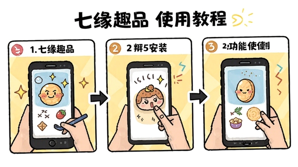 七缘趣品使用教程图解,采用分步骤漫画形式,展示从下载到安装再到功能使用的完整流程,画风简洁明了。