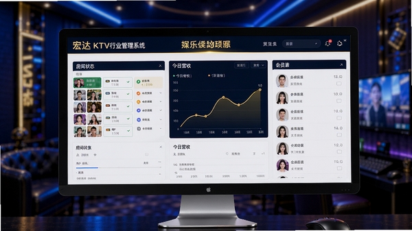 宏达KTV娱乐行业管理系统在电脑屏幕上显示主界面,画面包含房间状态图、今日营收曲线、会员列表等模块,背景是模糊的KTV包房霓虹灯光,整体色调为深蓝色与金色,科技感与娱乐感融合,界面清晰明亮,细节丰富,商业软件宣传图风格