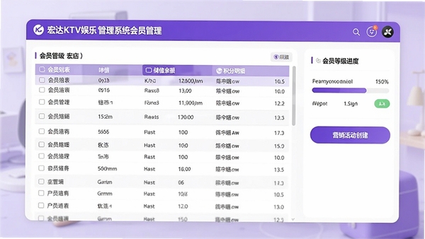 宏达KTV娱乐行业管理系统会员管理页面,显示会员列表、储值余额、积分明细,右侧有会员等级进度条和营销活动创建按钮,界面以紫色和白色为主色调,数据表格清晰,背景柔和