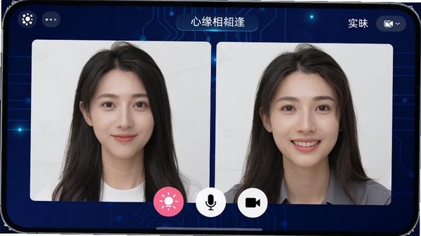 心缘相逢APP语音视频聊天界面,展示两人视频通话场景,界面包含美颜按钮、麦克风开关、摄像头切换按钮,背景为深蓝色,整体风格科技感强,突出实时互动体验。