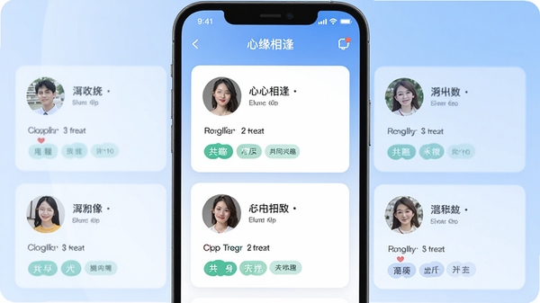 心缘相逢APP匹配推荐界面,展示多个用户卡片,每个卡片显示头像、昵称、距离、共同兴趣标签,界面采用卡片式布局,背景为浅蓝色渐变,整体风格现代简洁,突出智能匹配功能。