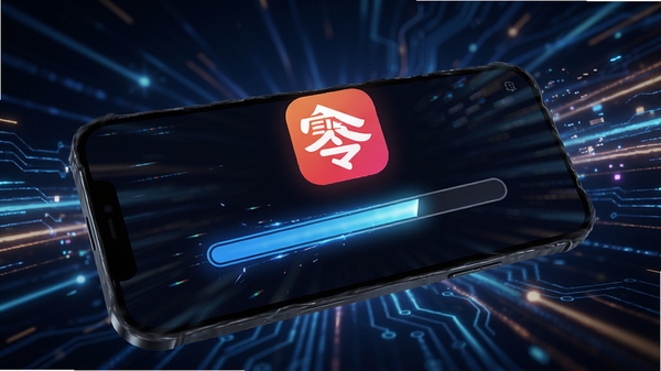 零果播应用启动画面,手机屏幕上显示飞速加载的进度条和零果播logo,背景为科技感的光效,体现极速启动的特点,画面动感十足,高清画质。