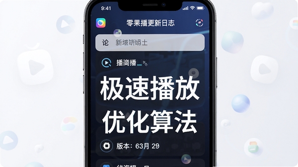 零果播更新日志截图,手机屏幕上显示新增功能列表和版本号,背景为简洁的官方风格,文字清晰,突出“极速播放”和“优化算法”字样,高清渲染。