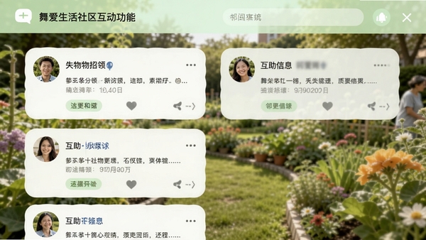 舞爱生活社区互动功能界面,展示类似朋友圈的信息流页面,包含用户发布的失物招领和互助信息卡片,背景为模糊的社区花园实景,手机界面以淡绿色为主,突出邻里和谐与信息交流的氛围