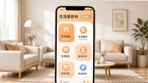 舞爱生活软件主界面预览图,展示首页生活服务功能卡片布局,以温暖的浅橙色和白色为主色调,背景为简洁的现代客厅场景,手机屏幕居中显示,UI图标圆润清晰,整体风格明亮温馨,突出生活服务的便捷感
