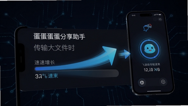 蛋蛋分享助手传输大文件时的速度界面,显示飞速增长的进度条和传输速率,手机之间连接动画流畅,背景采用深色模式凸显科技感