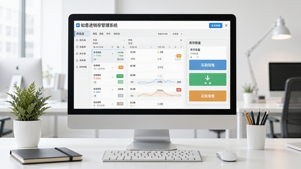 如意进销存管理系统主界面预览图,展示商品列表、库存数量、采购销售按钮,背景为干净的办公室桌面,电脑屏幕显示软件界面,整体风格明亮清晰,细节丰富,适合软件介绍配图