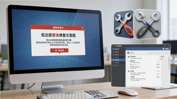 宏达人口管理系统报错修复示意图,电脑屏幕显示错误提示框,旁边有修复工具图标和设置界面,风格写实,突出解决方案